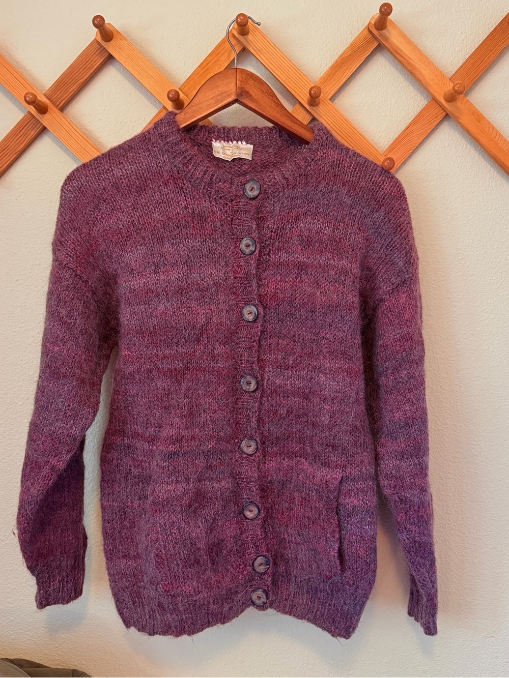 The Spinning Wheel Handmade Wool/Mohair Plum Button-Front Knit Cardigan